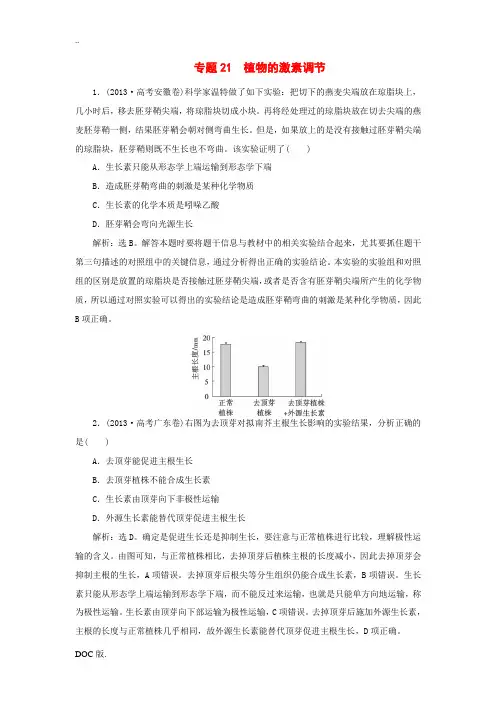 2014届高考生物二轮真题专题集训 专题21 植物的激素调节