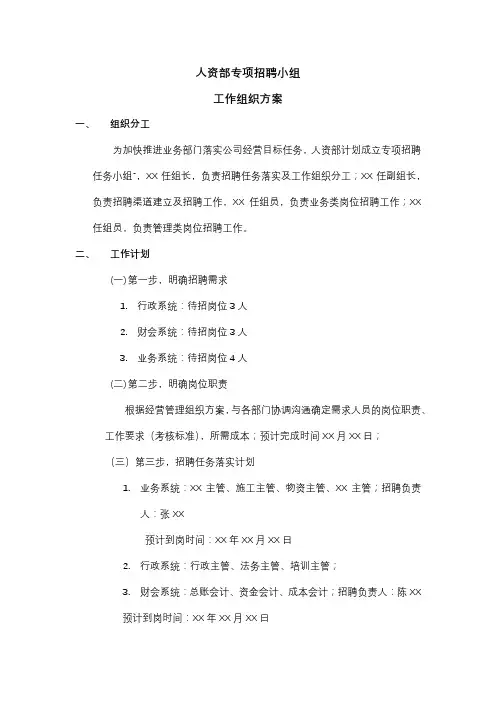 XX公司人资部专项招聘小组工作组织方案