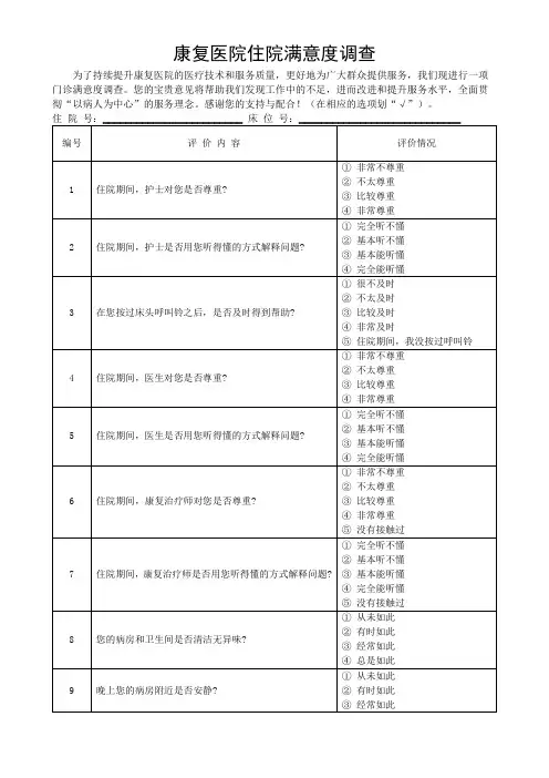 康复医院住院满意度调查表反馈表(可修改)