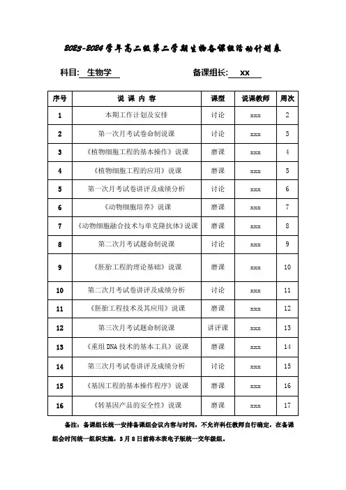 2023-2024学年高二级第二学期生物备课组活动计划表
