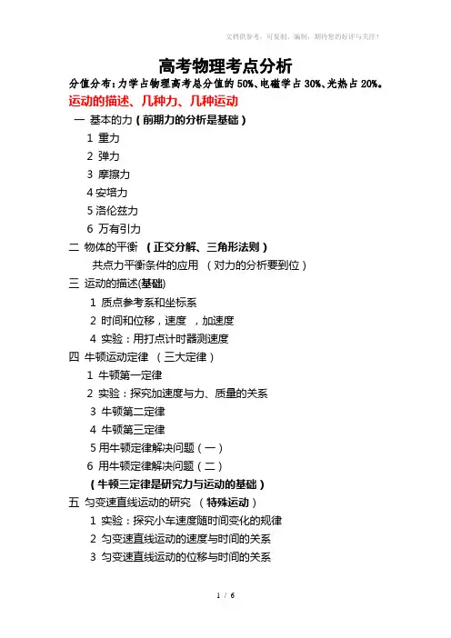 高中物理基本知识以及高考中所占分值