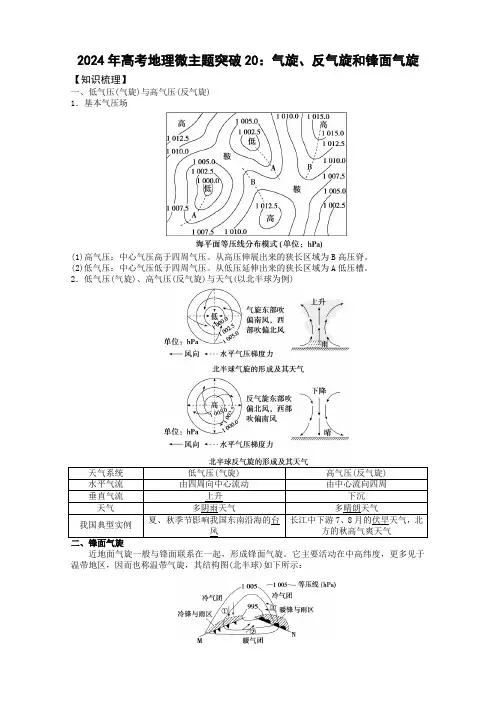2024年高考地理微主题突破20：气旋、反气旋和锋面气旋