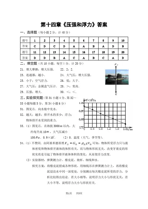 初中九年级物理第十四章《压强和浮力》答案
