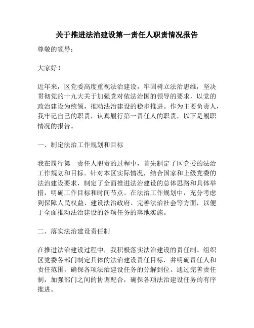关于推进法治建设第一责任人职责情况报告