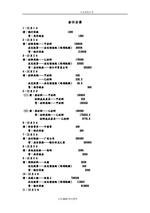 会计专业综合模拟实验第三版会计分录