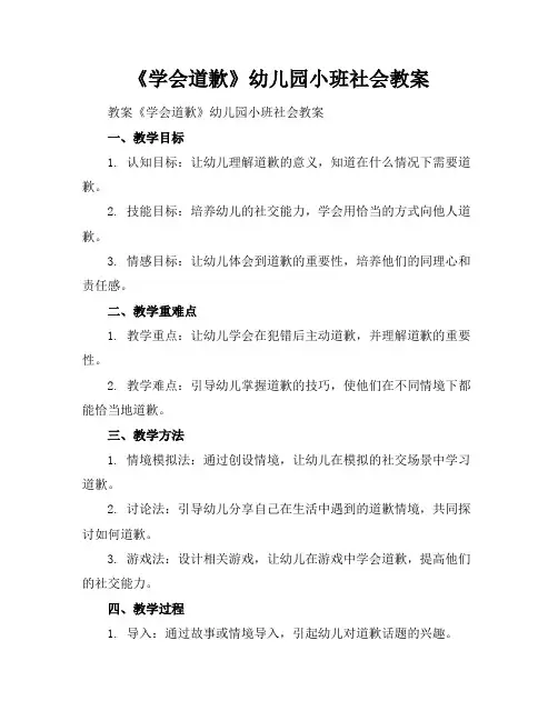 2024年6月《学会道歉》幼儿园小班社会教案范文模板示例