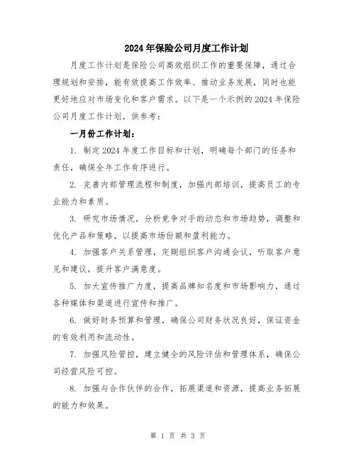 2024年保险公司月度工作计划