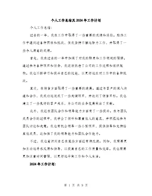 个人工作总结及2024年工作计划（三篇）
