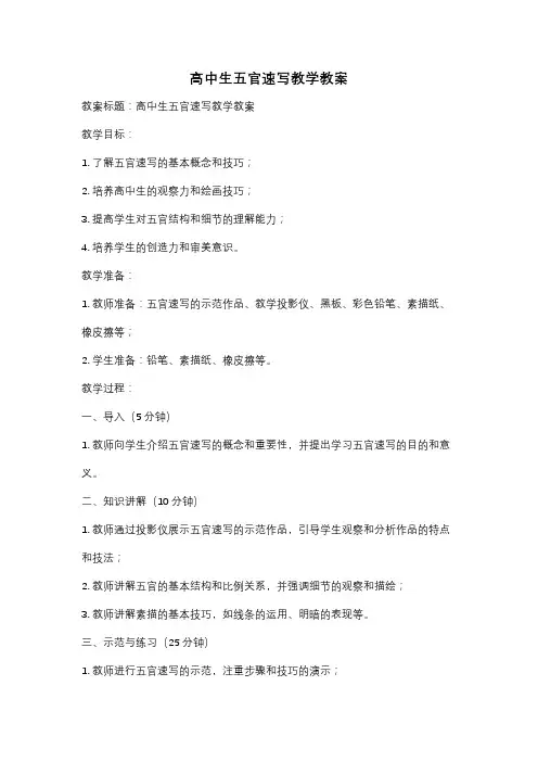 高中生五官速写教学教案