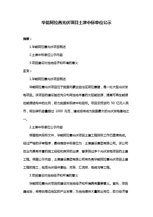 华能阿拉善光伏项目土津中标单位公示