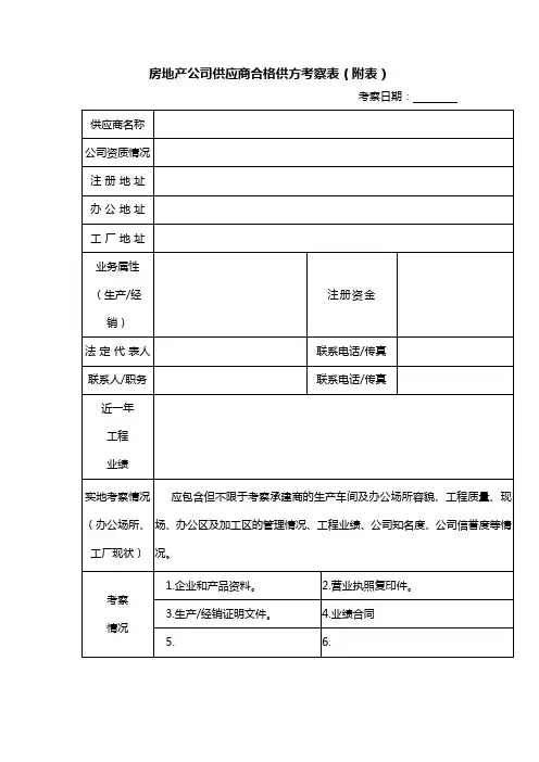 房地产公司供应商合格供方考察表