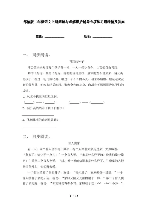 部编版二年级语文上册阅读与理解课后辅导专项练习题精编及答案