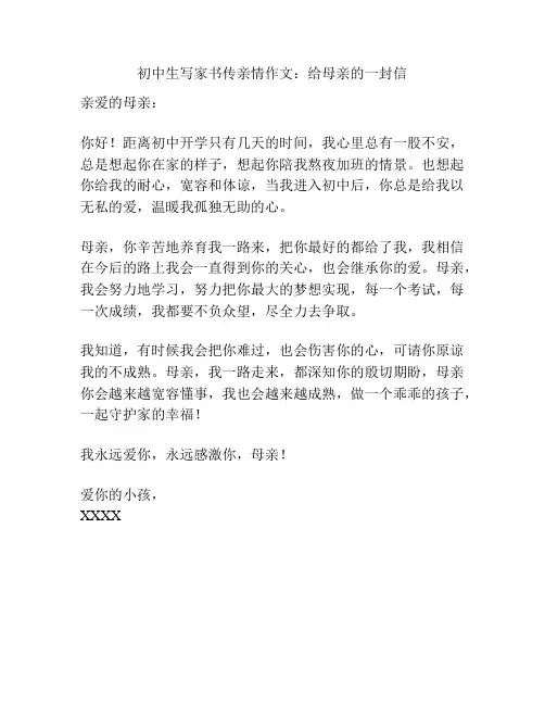 初中生写家书传亲情作文：给母亲的一封信