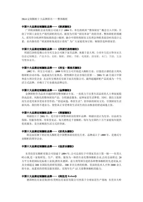 2014定制橱柜十大品牌排名