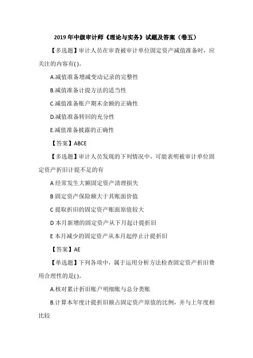 2019年中级审计师《理论与实务》试题及答案(卷五)