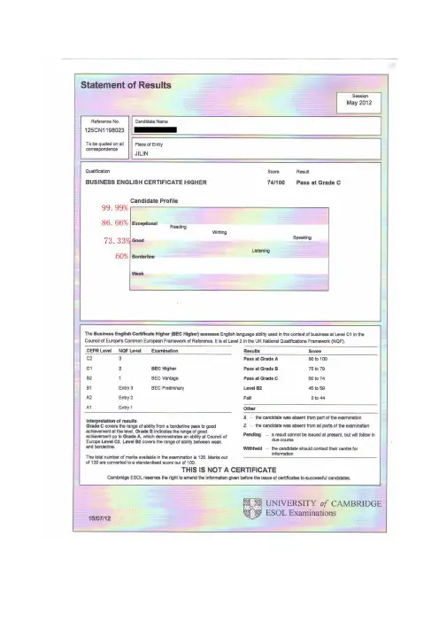 BEC剑桥商务英语 高级成绩分析