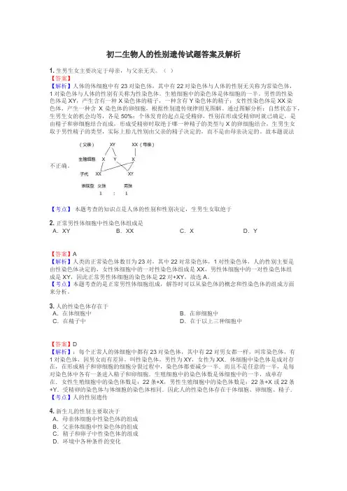 初二生物人的性别遗传试题答案及解析
