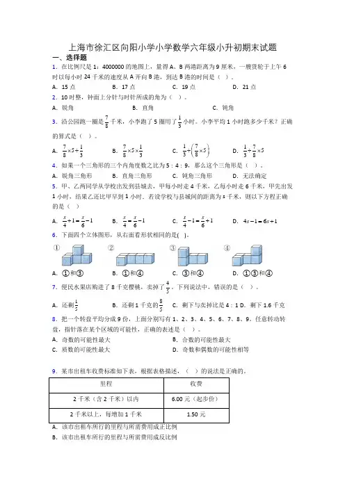 上海市徐汇区向阳小学小学数学六年级小升初期末试题