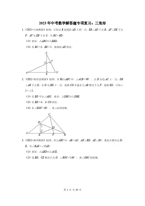 2023年中考数学解答题专项复习：三角形(附答案解析)