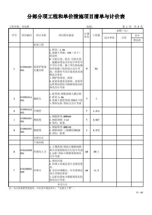 预应力空心板桥梁预算工程量清单模板