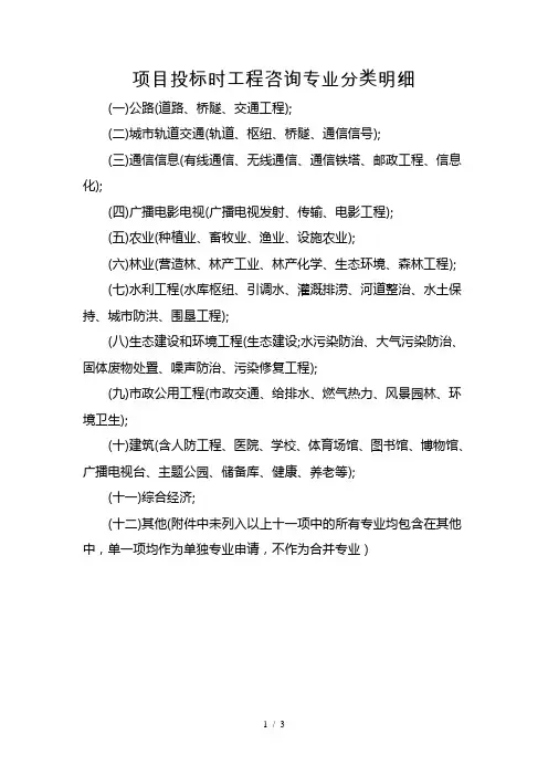 项目投标时工程咨询专业分类明细