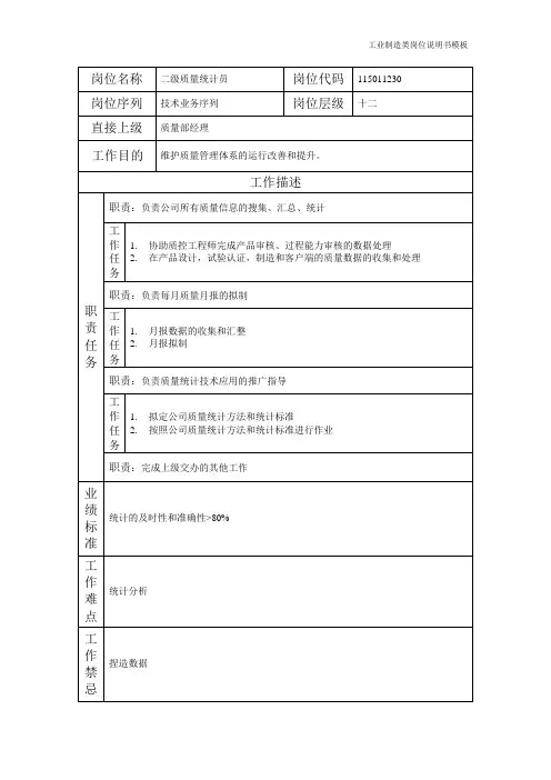 岗位说明书二级质量统计员