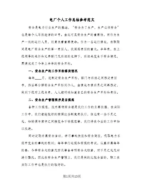 电厂个人工作总结参考范文（四篇）