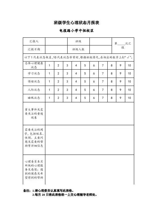 心理健康状态月表中小学校心理咨询室表样表
