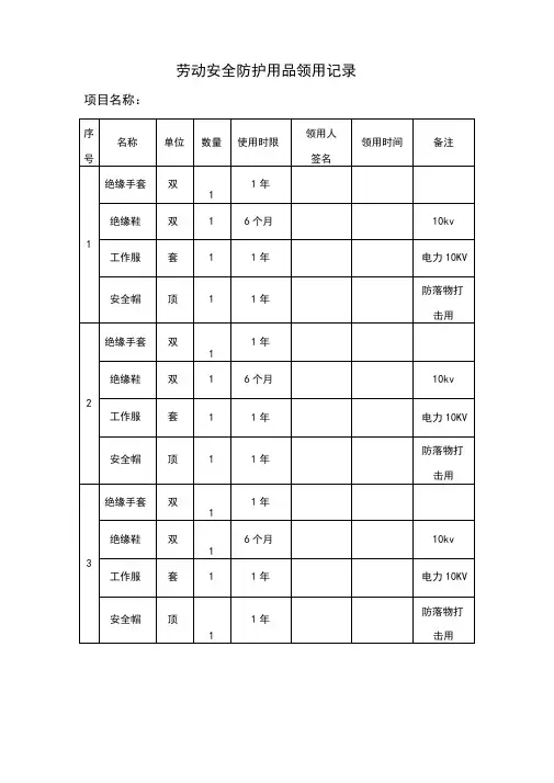 劳动安全防护用品领用记录