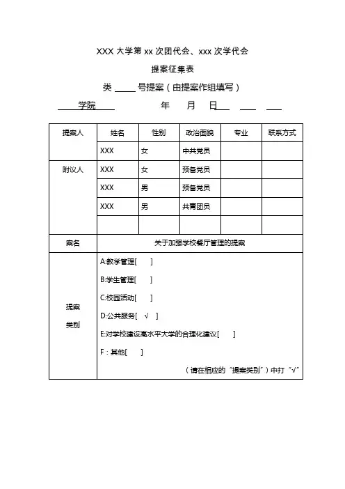 团学代会提案征集表(学校餐厅)