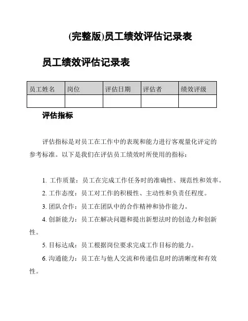 (完整版)员工绩效评估记录表
