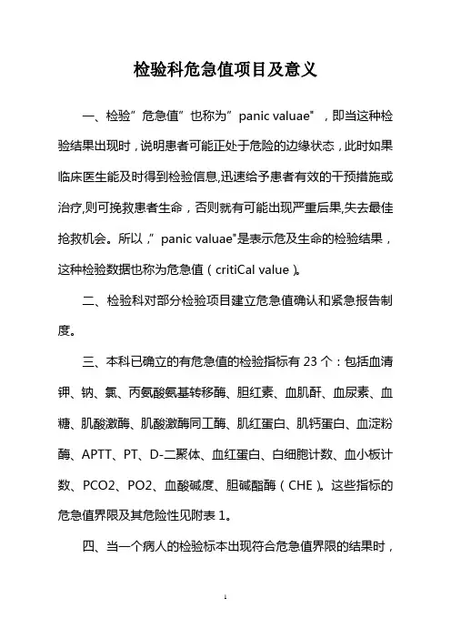 检验科危急值项目及意义