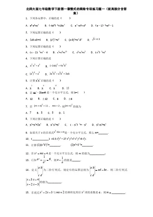 北师大版七年级数学下册第一章整式的乘除专项练习题er（拔高部分含答案）
