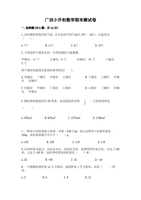 广西小升初数学期末测试卷及1套参考答案