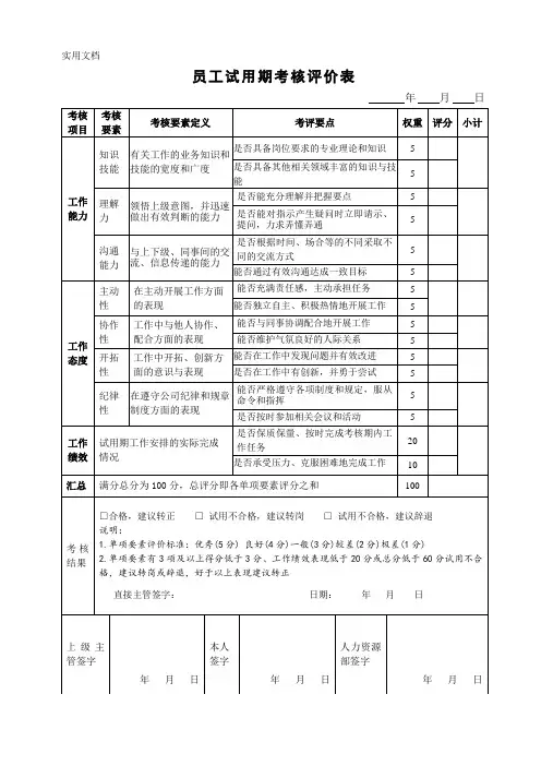 员工试用期考核评价表