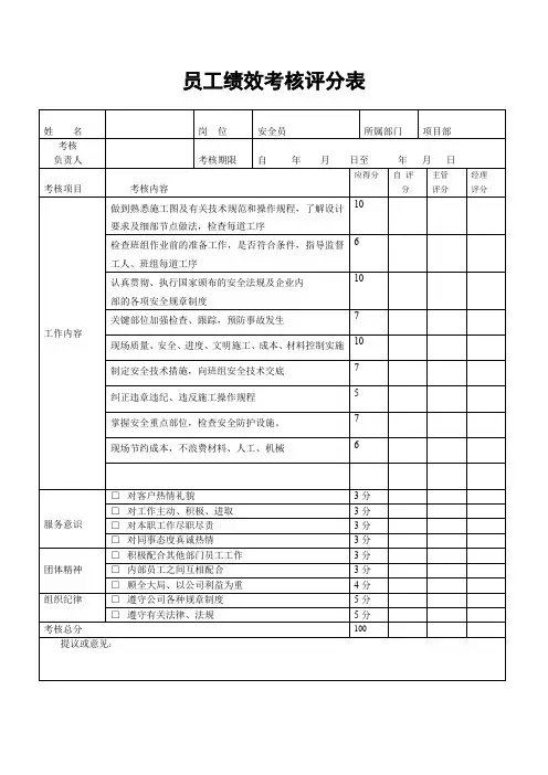建筑公司项目部安全员绩效考核评分表(标准版)
