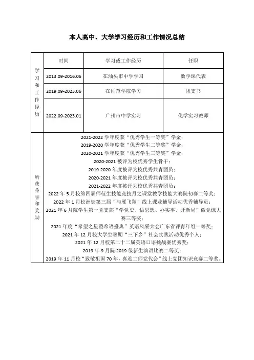 本人高中、大学学习经历和工作情况总结