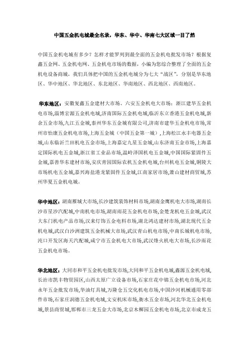 中国五金机电城最全名录,华东、华中、华南七大区域一目了然