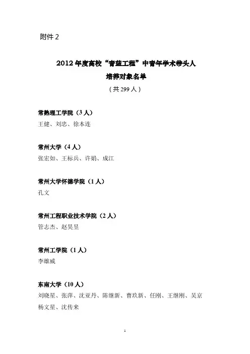 2012年度江苏高校“青蓝工程”中青年学术带头人培养对象名单