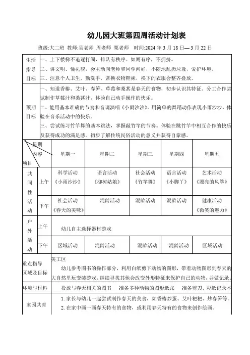 幼儿园大班第四周活动计划表