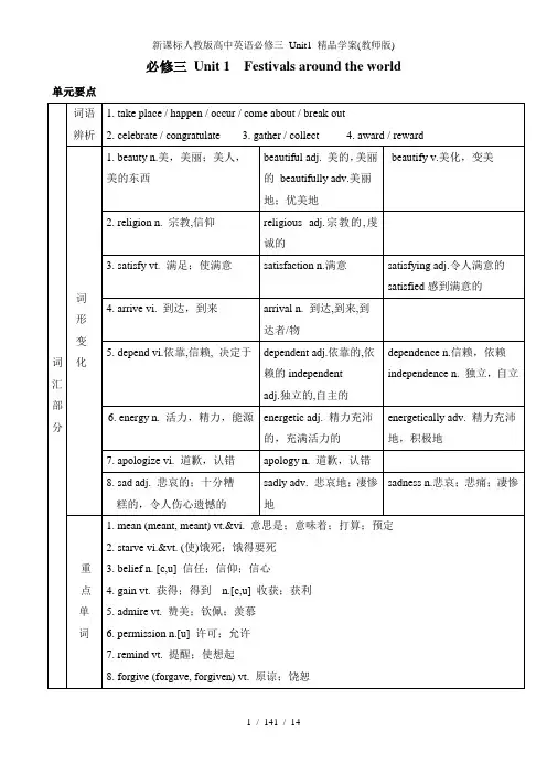 新课标人教版高中英语必修三 Unit1 精品学案(教师版)