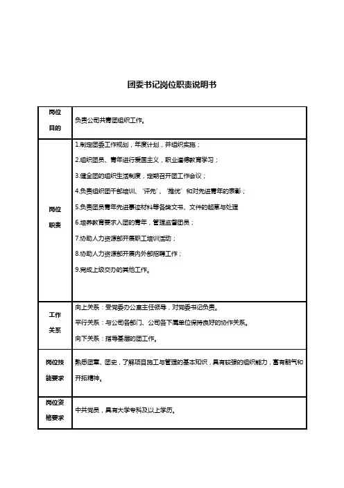 团委书记岗位职责说明书