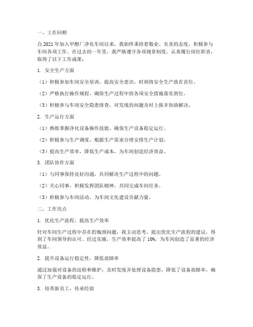 甲醇厂净化车间个人工作总结