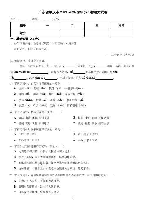 广东省肇庆市2023-2024学年小升初语文试卷(含答案)