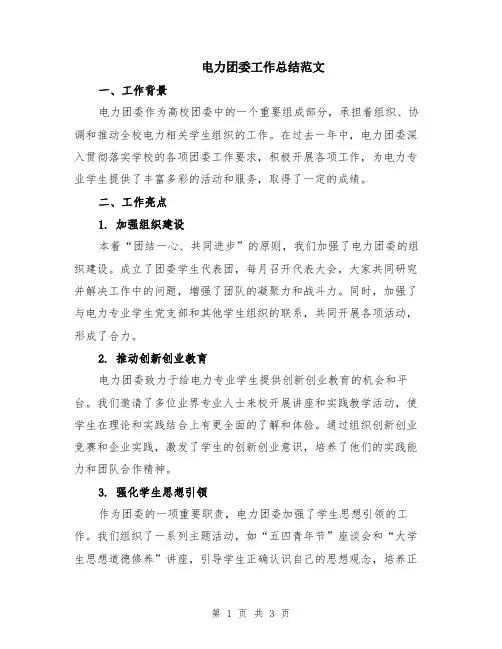 电力团委工作总结范文