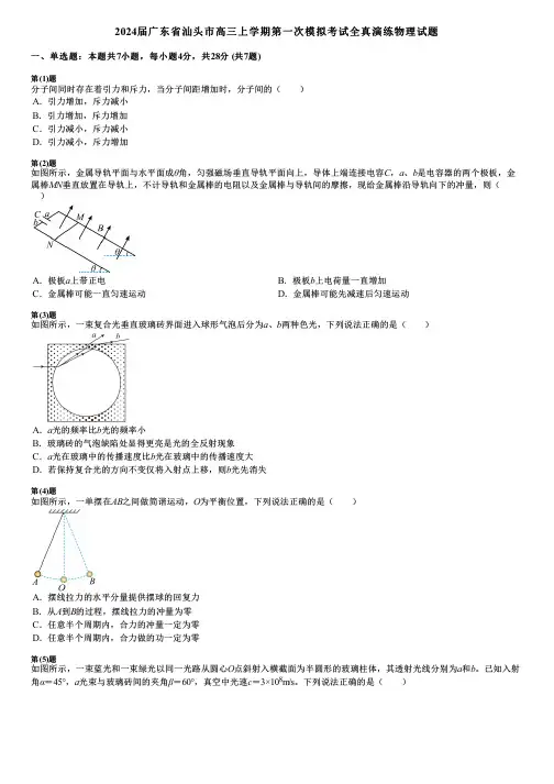 2024届广东省汕头市高三上学期第一次模拟考试全真演练物理试题
