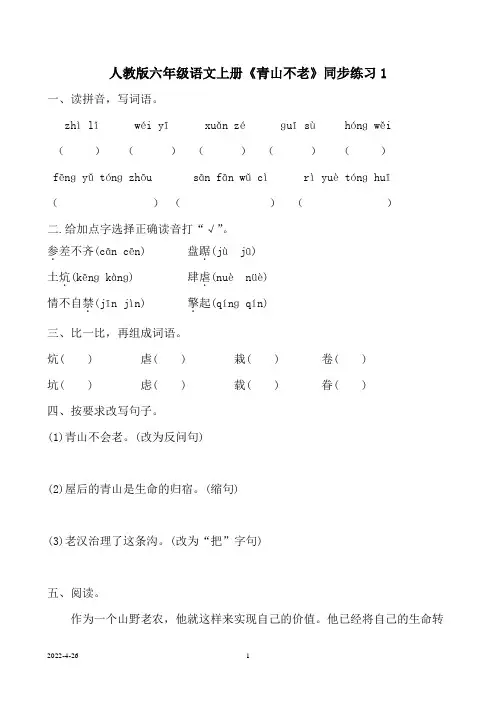 人教版六年级语文上册《青山不老》同步练习(附答案)