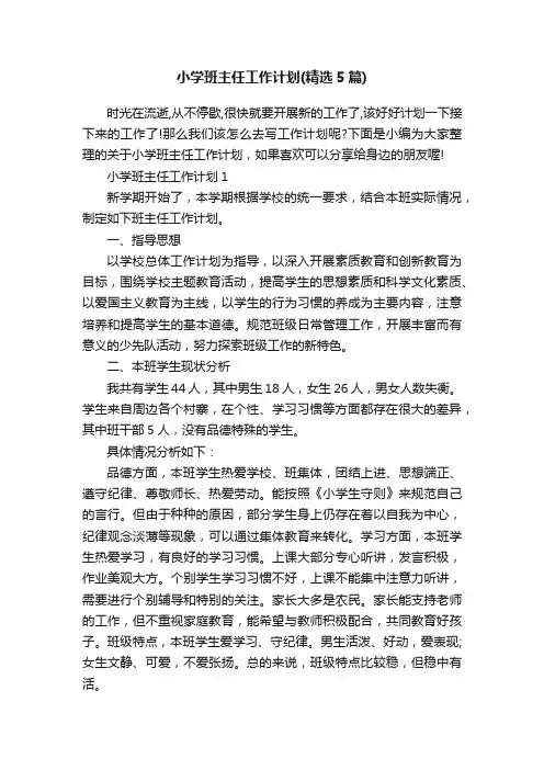 小学班主任工作计划（精选5篇）