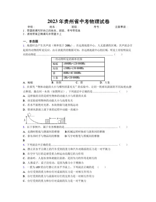 2023年贵州省中考物理试卷附解析