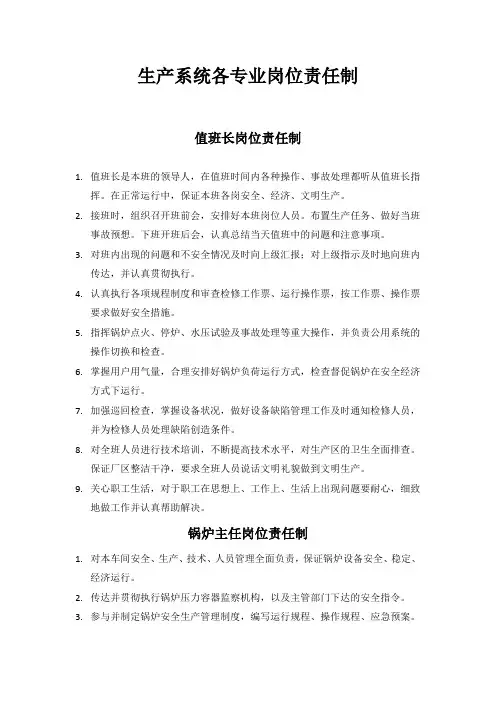 发电厂生产系统各专业岗位责任制